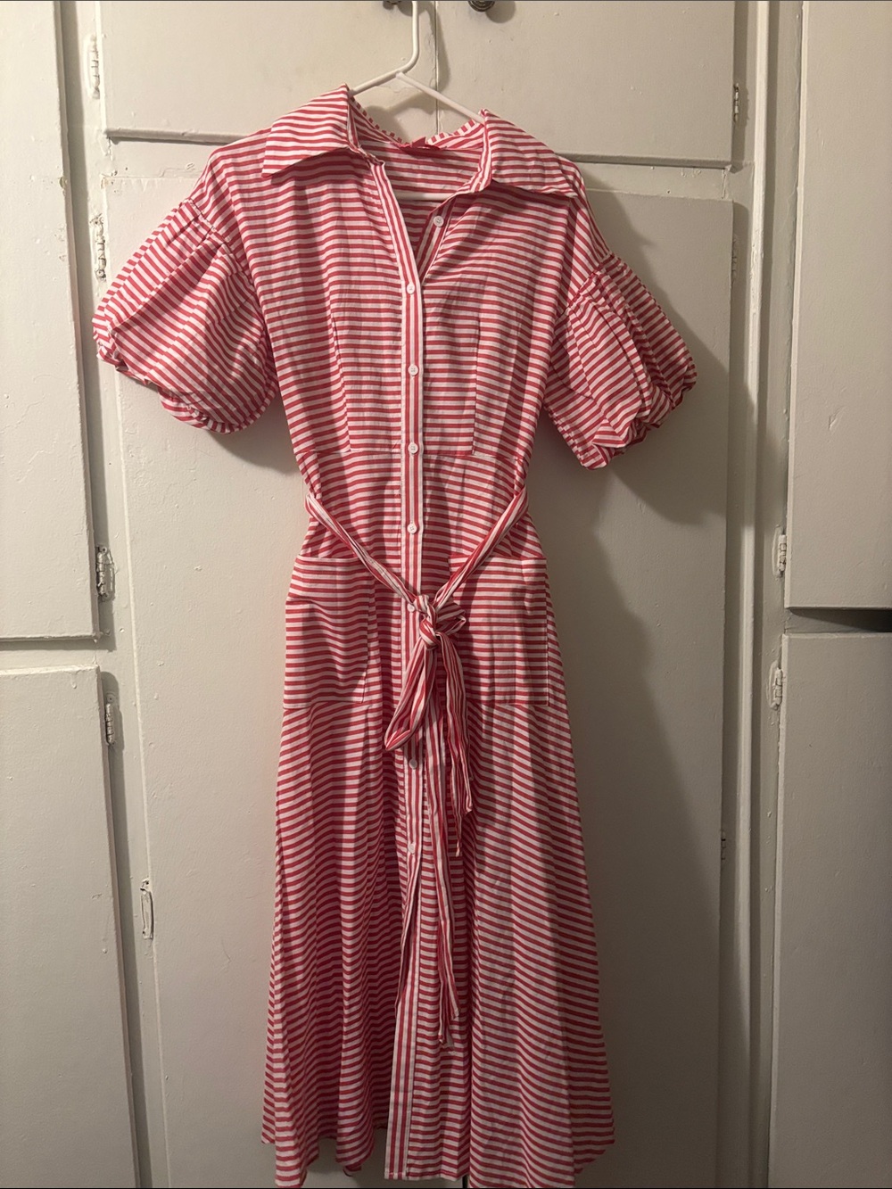 Striped Red and White Maxi Shirt Dress with Tie Waist